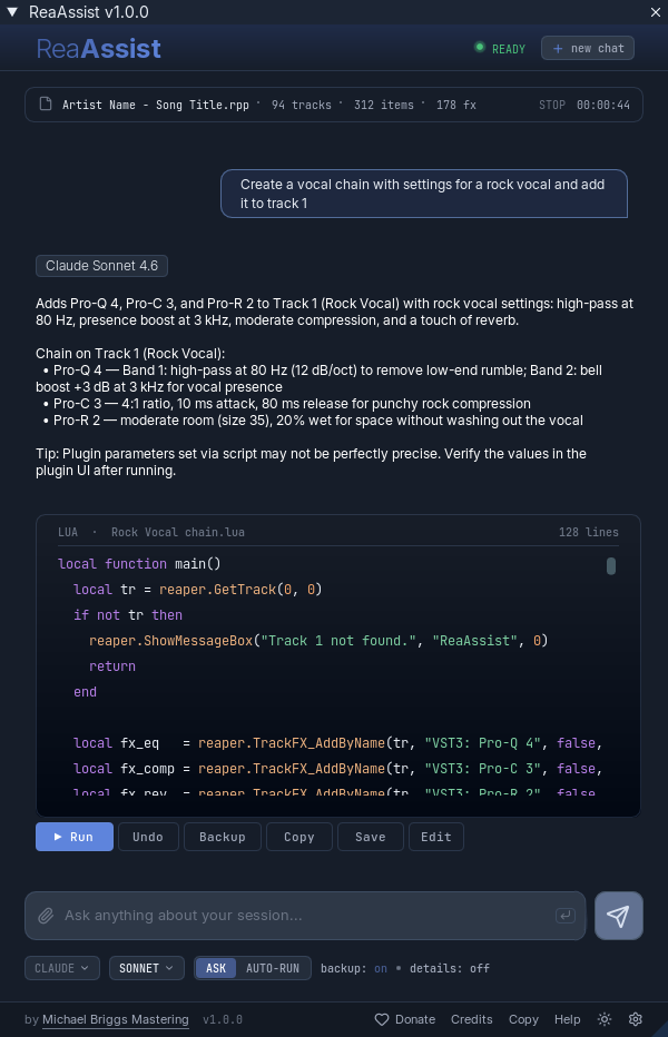 ReaAssist chat with a Lua vocal chain script ready to run