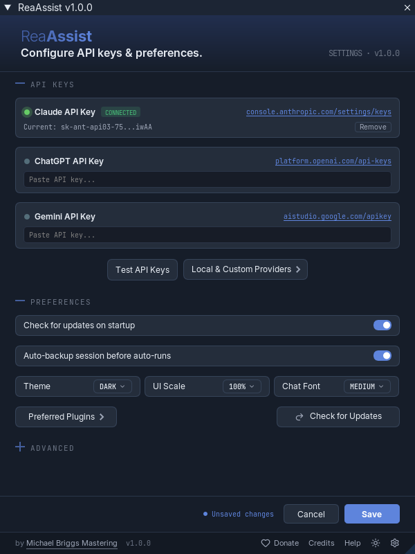 ReaAssist settings screen with API key fields