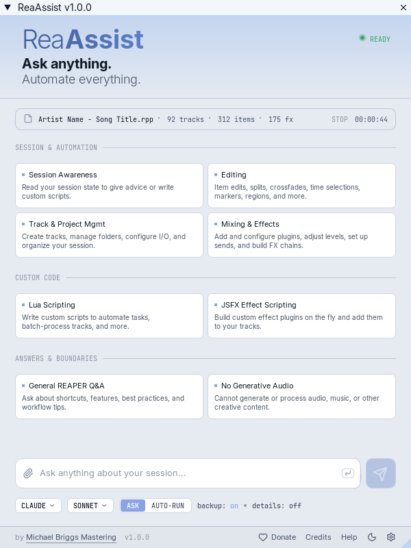 ReaAssist welcome screen in light theme